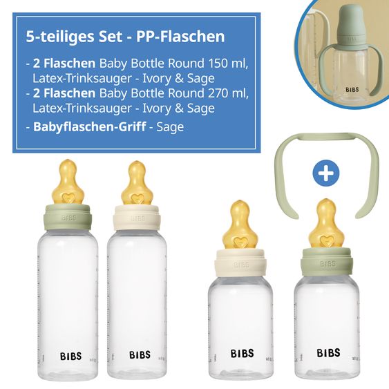 Bibs PP-Flasche 4er Pack mit Griff Baby Bottle Round 150 ml & 270 ml + Latex-Trinksauger + Baby Bottle Handle - Ivory / Sage