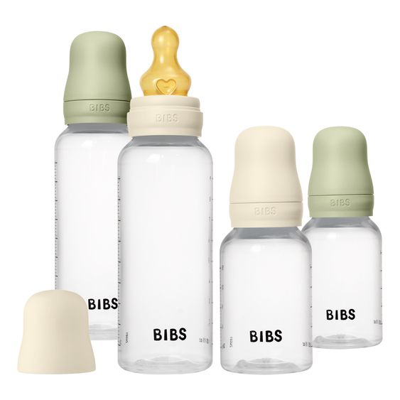 Bibs PP-Flasche 4er Pack mit Griff Baby Bottle Round 150 ml & 270 ml + Latex-Trinksauger + Baby Bottle Handle - Ivory / Sage