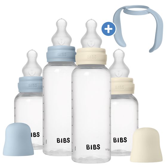 Bibs PP-Flasche 4er Pack mit Griff Baby Bottle Round 150 ml & 270 ml + Silikon-Trinksauger + Baby Bottle Handle - Ivory / Baby Blue