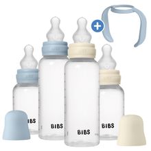 PP-Flasche 4er Pack mit Griff Baby Bottle Round 150 ml & 270 ml + Silikon-Trinksauger + Baby Bottle Handle - Ivory / Baby Blue