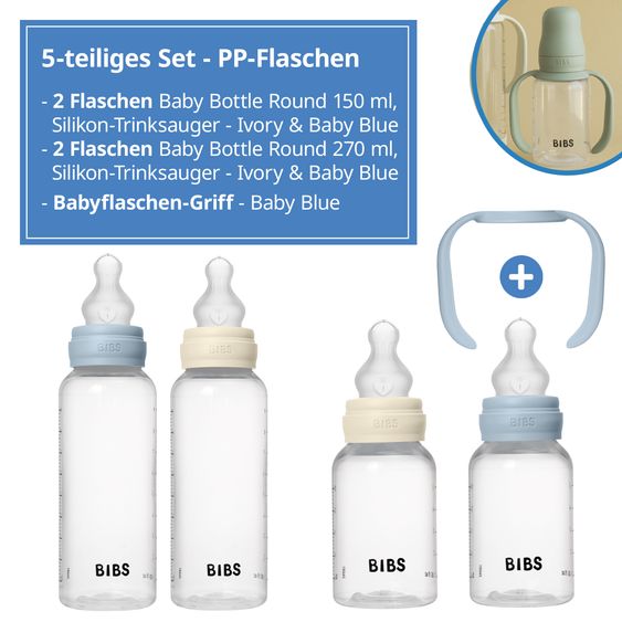 Bibs PP-Flasche 4er Pack mit Griff Baby Bottle Round 150 ml & 270 ml + Silikon-Trinksauger + Baby Bottle Handle - Ivory / Baby Blue