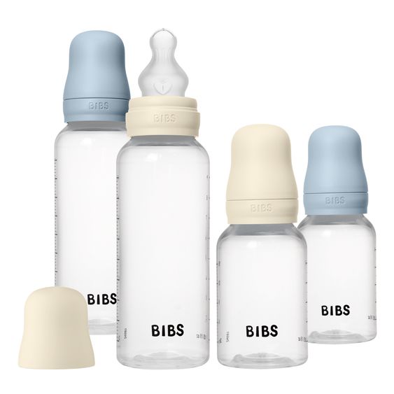 Bibs PP-Flasche 4er Pack mit Griff Baby Bottle Round 150 ml & 270 ml + Silikon-Trinksauger + Baby Bottle Handle - Ivory / Baby Blue