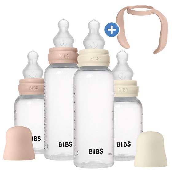Bibs PP-Flasche 4er Pack mit Griff Baby Bottle Round 150 ml & 270 ml + Silikon-Trinksauger + Baby Bottle Handle - Ivory / Blush