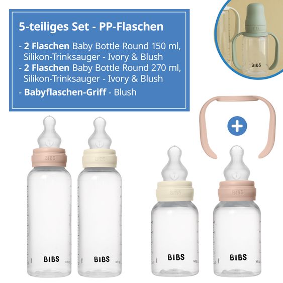 Bibs PP-Flasche 4er Pack mit Griff Baby Bottle Round 150 ml & 270 ml + Silikon-Trinksauger + Baby Bottle Handle - Ivory / Blush