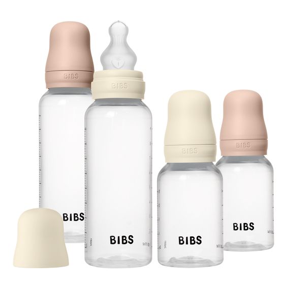 Bibs PP-Flasche 4er Pack mit Griff Baby Bottle Round 150 ml & 270 ml + Silikon-Trinksauger + Baby Bottle Handle - Ivory / Blush