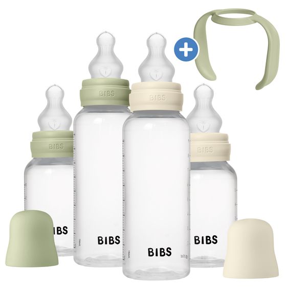 Bibs PP-Flasche 4er Pack mit Griff Baby Bottle Round 150 ml & 270 ml + Silikon-Trinksauger + Baby Bottle Handle - Ivory / Sage