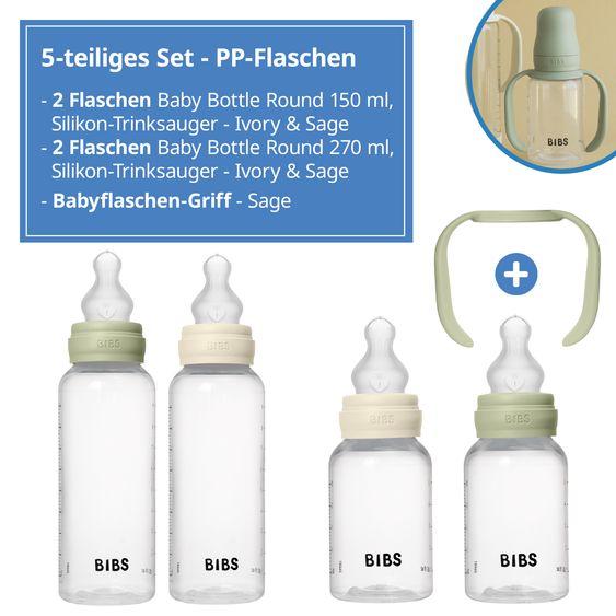 Bibs PP-Flasche 4er Pack mit Griff Baby Bottle Round 150 ml & 270 ml + Silikon-Trinksauger + Baby Bottle Handle - Ivory / Sage