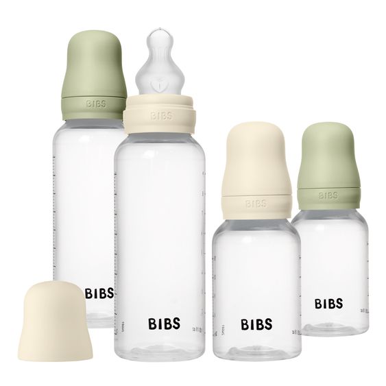 Bibs PP-Flasche 4er Pack mit Griff Baby Bottle Round 150 ml & 270 ml + Silikon-Trinksauger + Baby Bottle Handle - Ivory / Sage