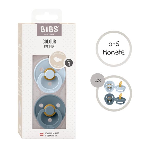 Bibs Pacifier 2 Pack Colour Anatomical Natural Rubber Teat 0-6 M - Baby Blue / Petrol