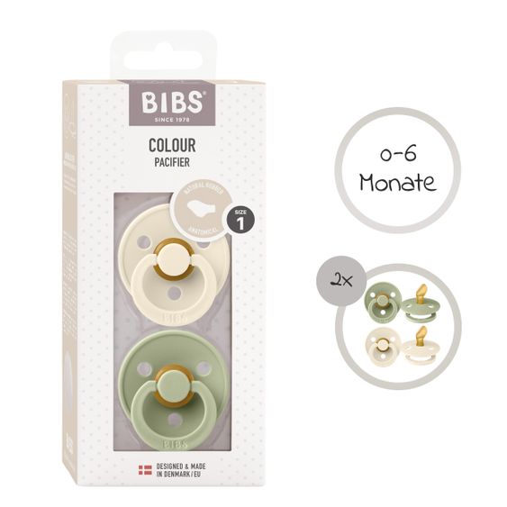 Bibs Pacifier 2 Pack Colour Anatomical Natural Rubber Teat 0-6 M - Sage / Ivory