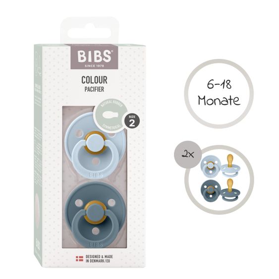 Bibs Pacifier 2 Pack Colour Symmetrical Natural Rubber Teat 6-18 M - Baby Blue / Petrol