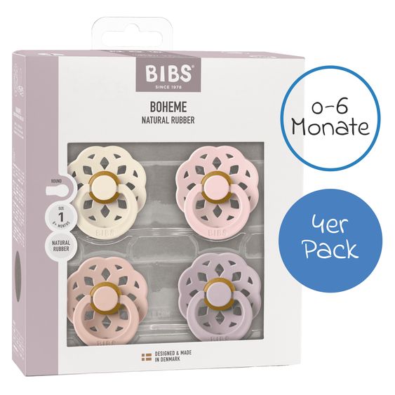 Bibs Schnuller 4er Pack Boheme Naturkautschuk - Ivory / Blush / Blossom / Dusky Lilac - Gr. 0-6 M