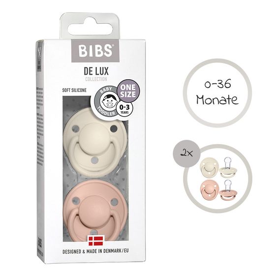 Bibs Pacifier - De Lux 2 Pack - Silicone - Ivory / Blush - Size 0-36 M