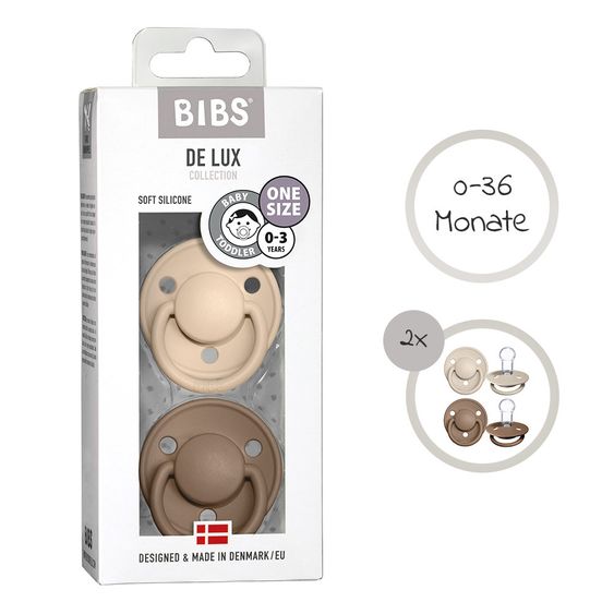 Bibs Pacifier - De Lux 2 Pack - Silicone - Vanilla / Dark Oak - Size 0-36 M