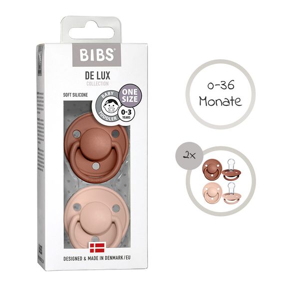 Bibs Pacifier - De Lux 2 Pack - Silicone - Woodchuck / Blush - Size 0-36 M