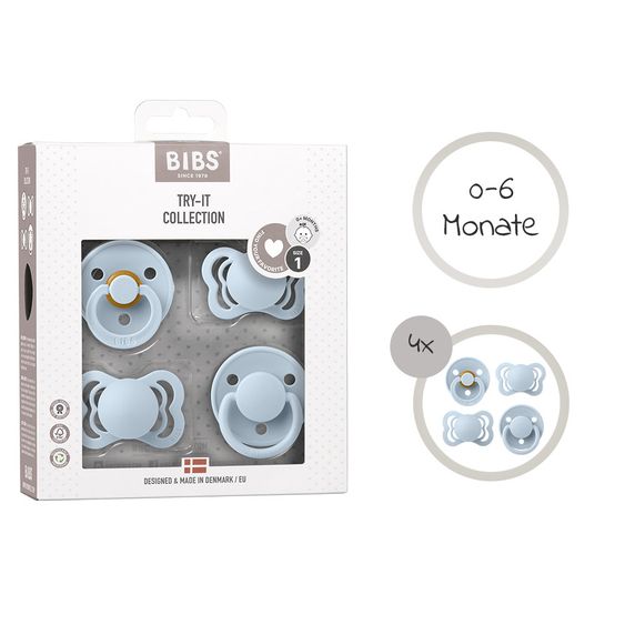 Bibs Schnuller Probierset - Try-it Collection 4er Pack - Baby Blue - Gr. 0-6 M