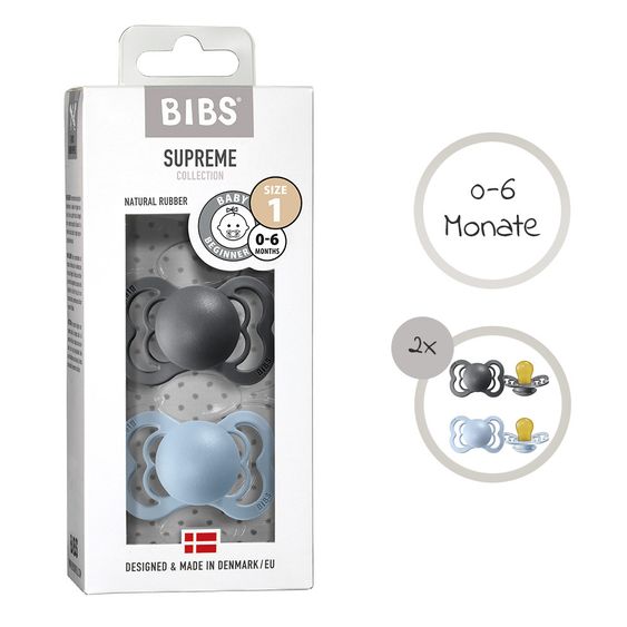 Bibs Schnuller - Supreme 2er Pack - Naturkautschuk - Iron / Baby Blue - Gr. 0-6 M