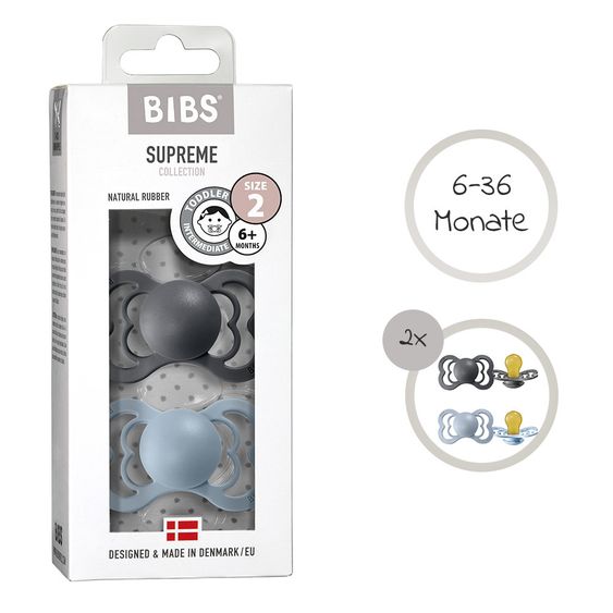 Bibs Schnuller - Supreme 2er Pack - Naturkautschuk - Iron / Baby Blue - Gr. 6-36 M