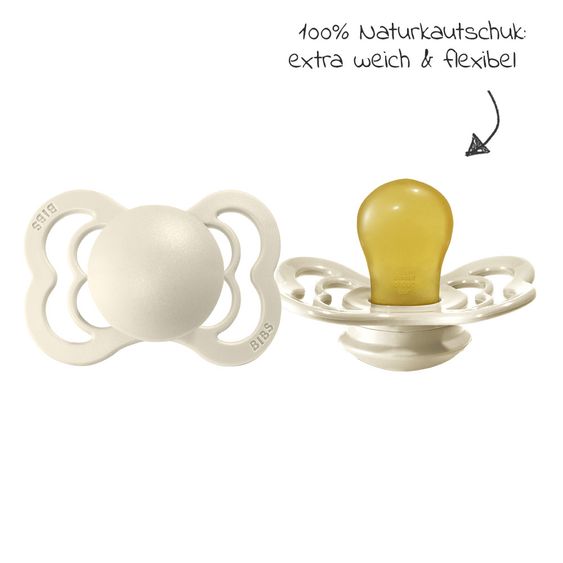 Bibs Pacifiers - Supreme 2 Pack - Natural Rubber - Ivory / Baby Pink - Size 0-6 M