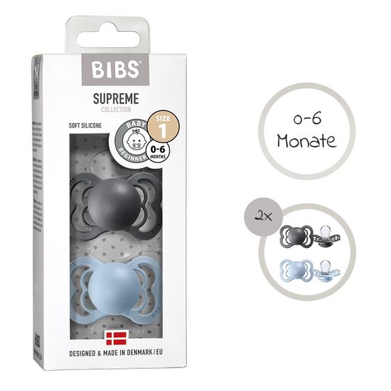 Bibs Schnuller - Supreme 2er Pack - Silikon - Iron / Baby Blue - Gr. 0-6 M