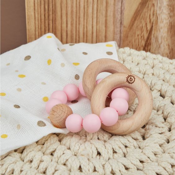 Bieco Holz-Beißring mit Silikonkette - Rosa