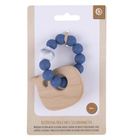 Bieco Holz-Beißring Wal mit Silikonkette - Blau