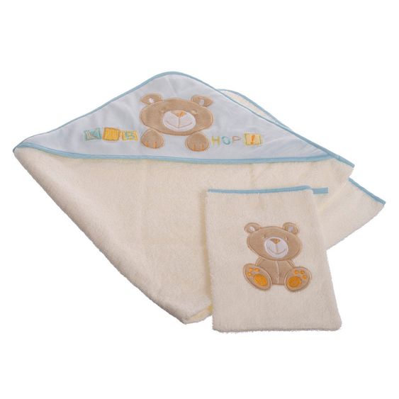 Bieco Kapuzenbadetuch mit Waschhandschuh 100 x 100 cm - Teddy - Blau
