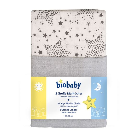 biobaby Mulltuch 2er Pack 70 x 80 cm - Sterne - Grau