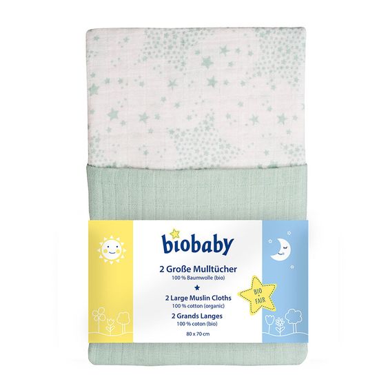 biobaby Mulltuch 2er Pack 70 x 80 cm - Sterne - Mint