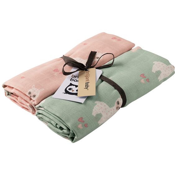 Briljant Baby Einschlag- & Mulltuch 2er Pack 120 x 120 cm - Lamas - Rosa Mint