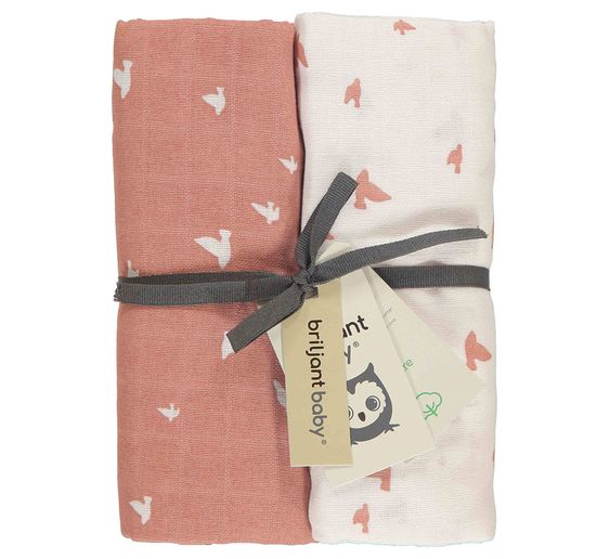 Briljant Baby Einschlag- & Mulltuch 2er Pack 120 x 120 cm - Organic Cotton - Birds - Ash Rose