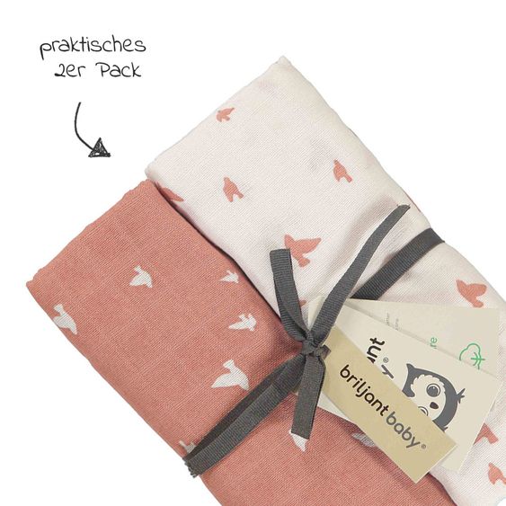 Briljant Baby Einschlag- & Mulltuch 2er Pack 120 x 120 cm - Organic Cotton - Birds - Ash Rose