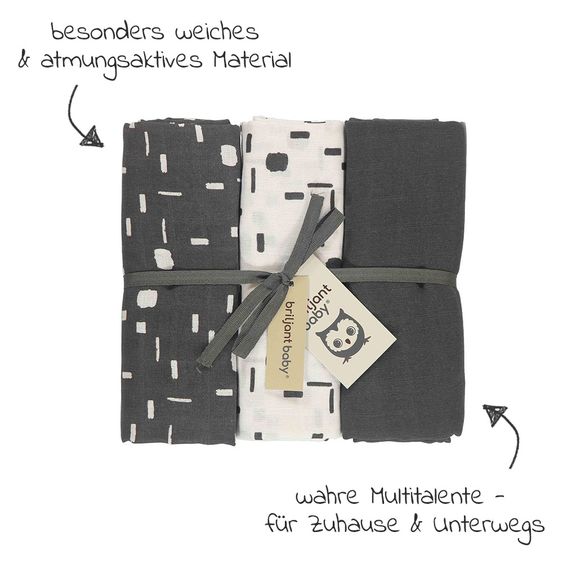 Briljant Baby Einschlag- & Mulltuch 3er Pack 120 x 120 cm - Art - Dark Grey