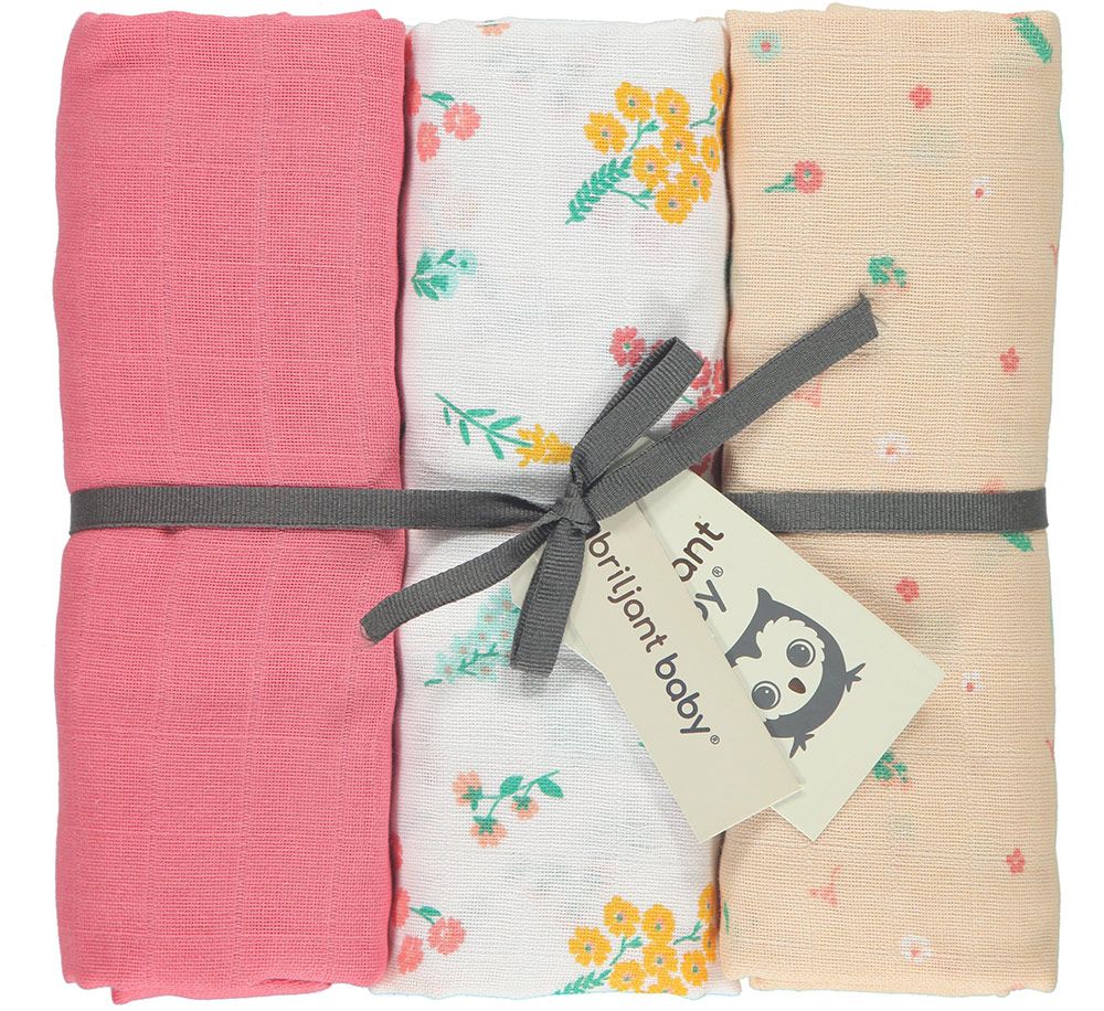 Briljant Baby Einschlag- & Mulltuch 3er Pack 120 x 120 cm - Flower - Pink