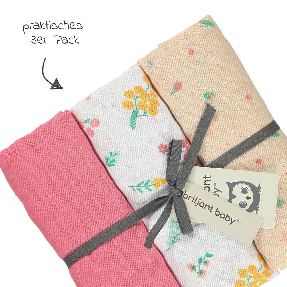 Briljant Baby Einschlag- & Mulltuch 3er Pack 120 x 120 cm - Flower - Pink