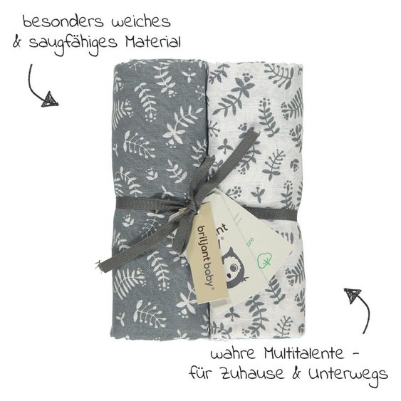 Briljant Baby Einschlag- & Mulltuch / Pucktuch 2er Pack 120 x 120 cm - Botanic - Organic Cotton - Blau-Grau