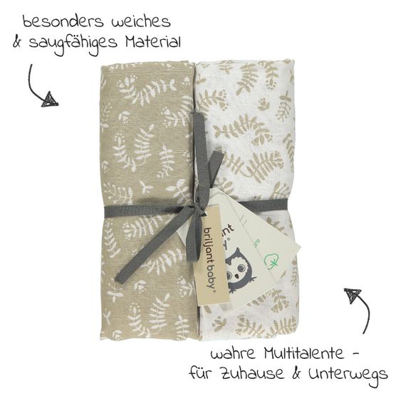 Briljant Baby Einschlag- & Mulltuch / Pucktuch 2er Pack 120 x 120 cm - Botanic - Organic Cotton - Sand