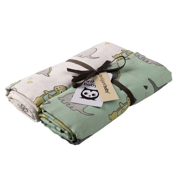 Briljant Baby Einschlag- & Mulltuch / Pucktuch 2er Pack 120 x 120 cm - Dinos - Weiß Mint