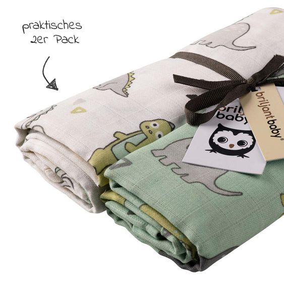 Briljant Baby Einschlag- & Mulltuch / Pucktuch 2er Pack 120 x 120 cm - Dinos - Weiß Mint