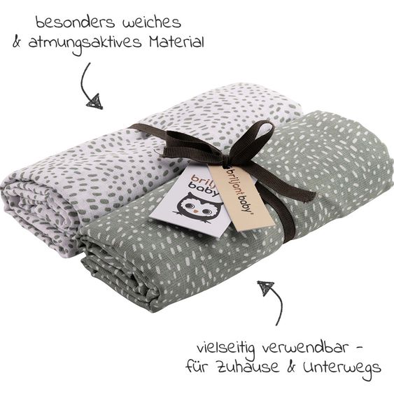 Briljant Baby Einschlag- & Mulltuch / Pucktuch 2er Pack 120 x 120 cm - Minimal Dots - Weiß Grün