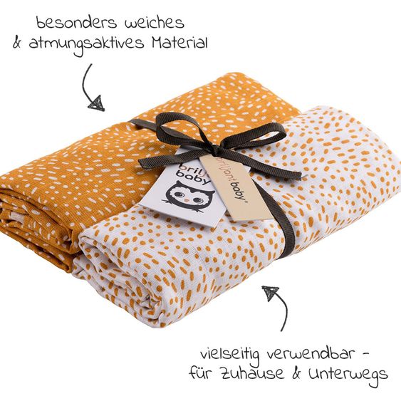 Briljant Baby Einschlag- & Mulltuch / Pucktuch 2er Pack 120 x 120 cm - Minimal Dots - Weiß Ockergelb