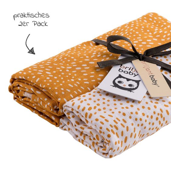 Briljant Baby Einschlag- & Mulltuch / Pucktuch 2er Pack 120 x 120 cm - Minimal Dots - Weiß Ockergelb
