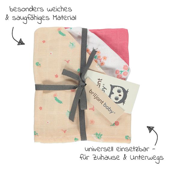 Briljant Baby Mull-Waschhandschuh 3er Pack 17 x 20 cm - Flower - Pink