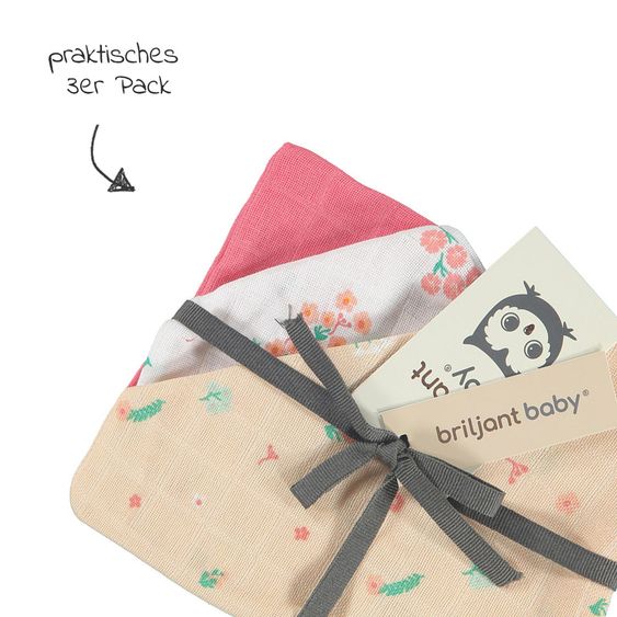 Briljant Baby Mull-Waschhandschuh 3er Pack 17 x 20 cm - Flower - Pink