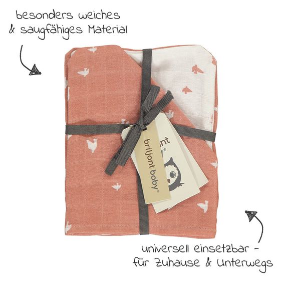 Briljant Baby Mull-Waschhandschuh - 3er Pack - 17 x 20 cm - Organic Cotton - Birds - Ash Rose