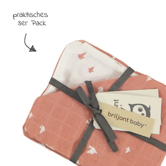 Briljant Baby Mull-Waschhandschuh - 3er Pack - 17 x 20 cm - Organic Cotton - Birds - Ash Rose