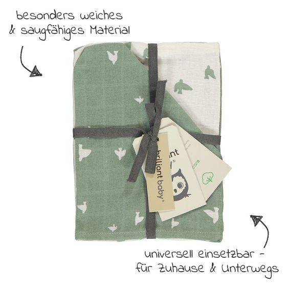 Briljant Baby Mull-Waschhandschuh 3er Pack 17 x 20 cm - Organic Cotton - Birds - Chinois Green