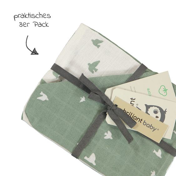Briljant Baby Mull-Waschhandschuh 3er Pack 17 x 20 cm - Organic Cotton - Birds - Chinois Green