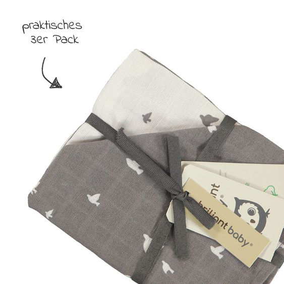 Briljant Baby Mull-Waschhandschuh 3er Pack 17 x 20 cm - Organic Cotton - Birds - Tornado