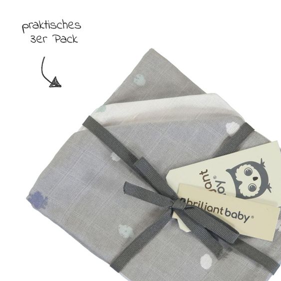 Briljant Baby Mull-Waschhandschuh 3er Pack 17 x 20 cm - Sunny - Grau